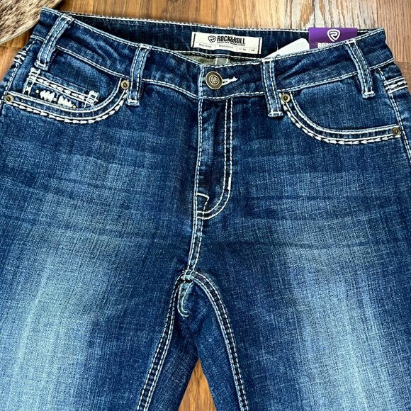 Rock & Roll Denim Mid Rise Bootcut Longhorn Women's Western Jeans (26x34) NEW - Picture 3 of 13